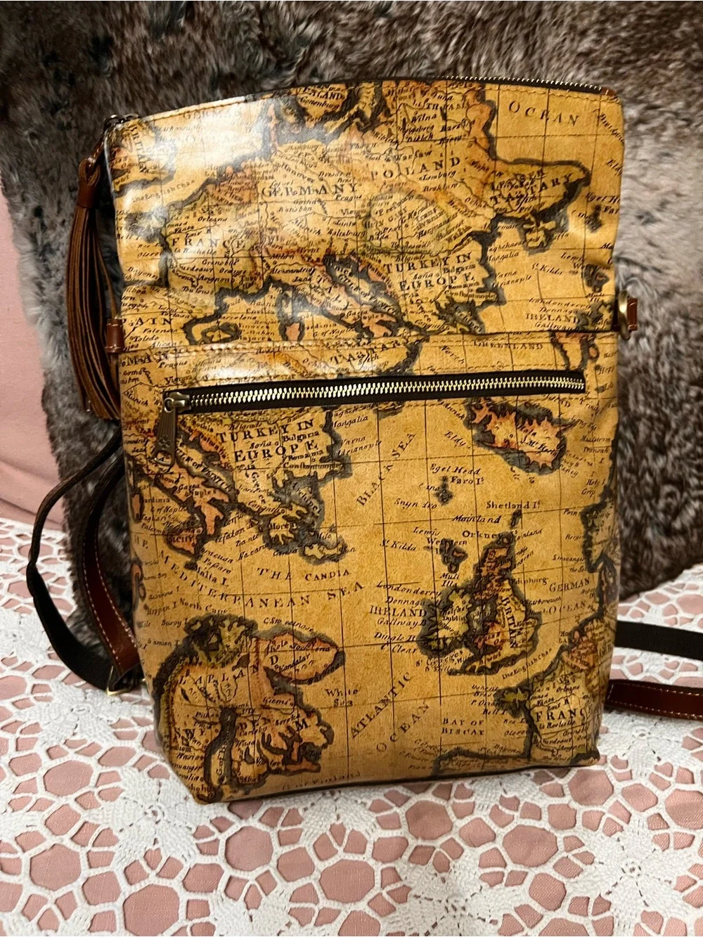 Patricia Nash Yellow Map-Print Leather Backpack